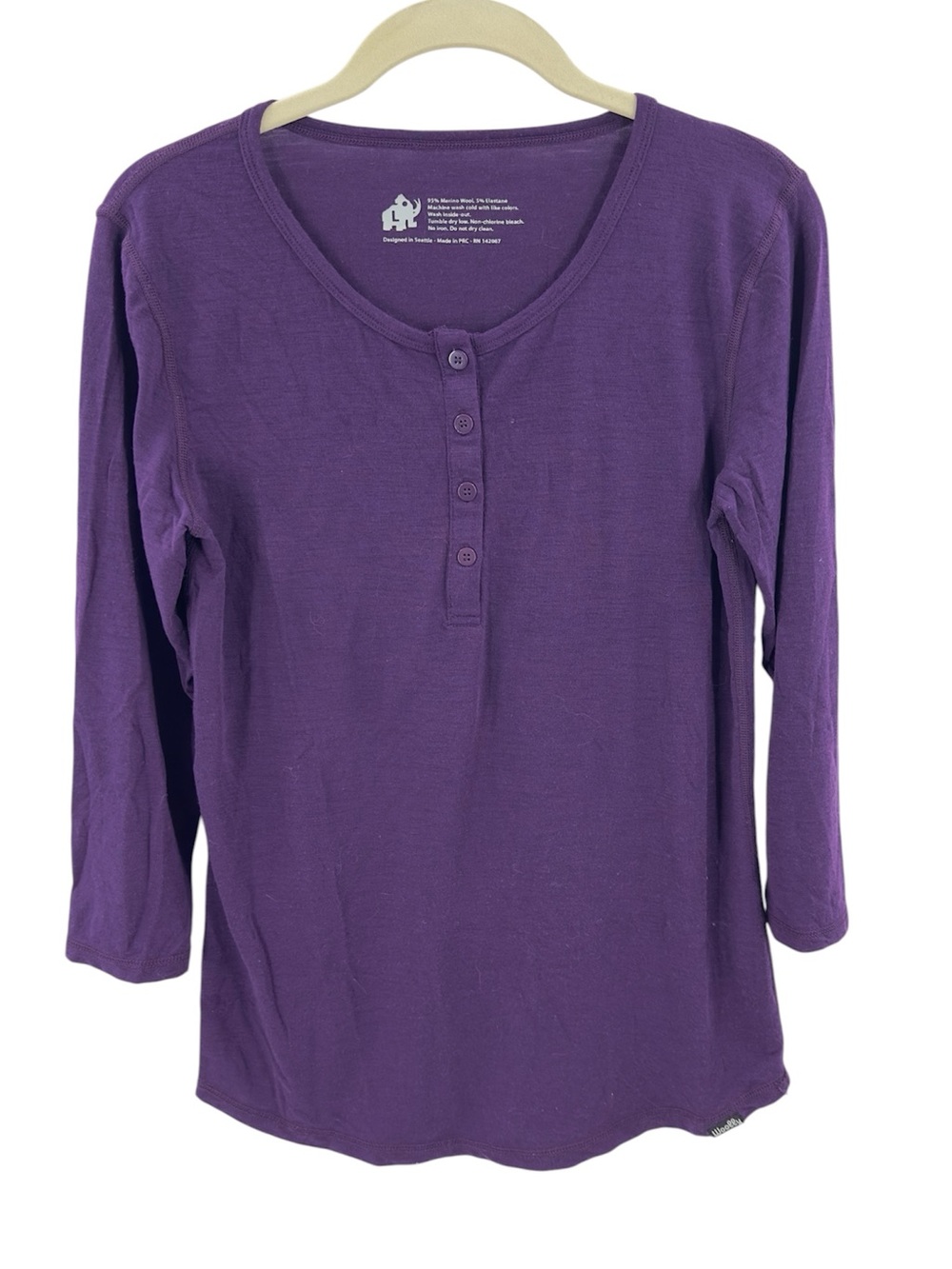 Woolly Merino Wool Henley Top In Purple Size Large 3/4 Sleeve Base Layer Shirt